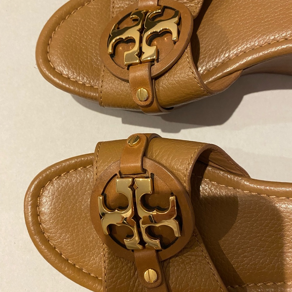 Authentic TORY BURCH Miller Tan & Gold Wedge Leather Sandals Heels SZ 8 1/2 US - Picture 6 of 14